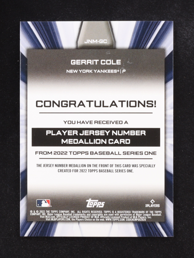 Gerrit Cole 2022 Topps Commemorative Jersey Number Medallion Series One #JNM-GC at PristineAuction.com Gerrit Cole 2022 Topps Commemorative Jersey Number Medallion Series One #JNM-GC at PristineAuction.com