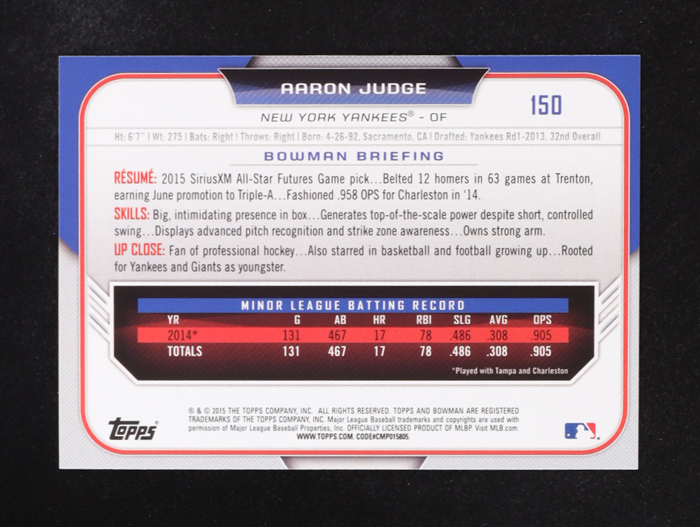 Aaron Judge 2015 Topps Bowman #150 RC at PristineAuction.com Aaron Judge 2015 Topps Bowman #150 RC at PristineAuction.com