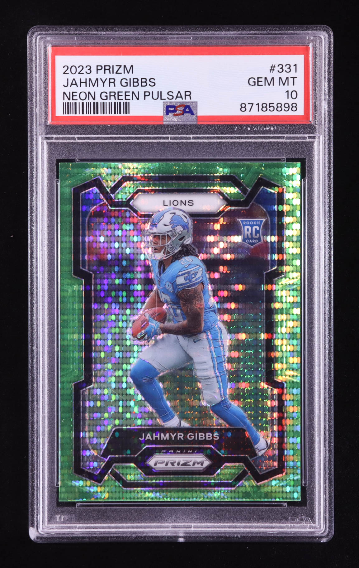 Jahmyr Gibbs 2023 Panini Prizm Prizms Neon Green Pulsar #331 RC (PSA 10) at PristineAuction.com Jahmyr Gibbs 2023 Panini Prizm Prizms Neon Green Pulsar #331 RC (PSA 10) at PristineAuction.com