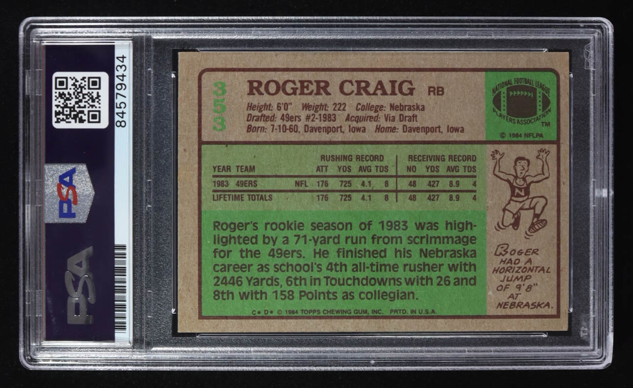 Roger Craig Signed 1984 Topps Trading Card #353 (PSA | Autograph Graded PSA 10) at PristineAuction.com Roger Craig Signed 1984 Topps Trading Card #353 (PSA | Autograph Graded PSA 10) at PristineAuction.com