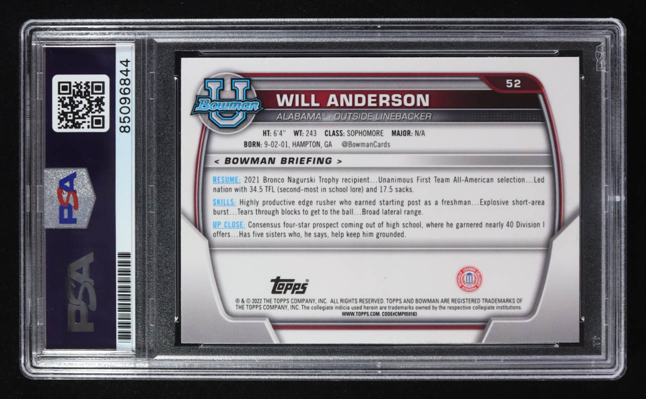 Will Anderson Signed 2022 Topps Bowman U #52 Inscribed "Roll Tide" RC (PSA | Autograph Graded PSA Authentic) at PristineAuction.com Will Anderson Signed 2022 Topps Bowman U #52 Inscribed "Roll Tide" RC (PSA | Autograph Graded PSA Authentic) at PristineAuction.com