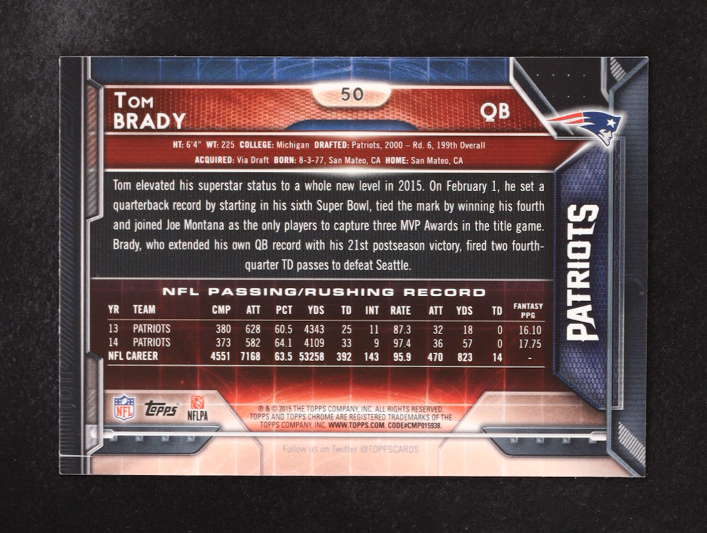 Tom Brady 2015 Topps Chrome Pulsar Refractors #50 at PristineAuction.com Tom Brady 2015 Topps Chrome Pulsar Refractors #50 at PristineAuction.com