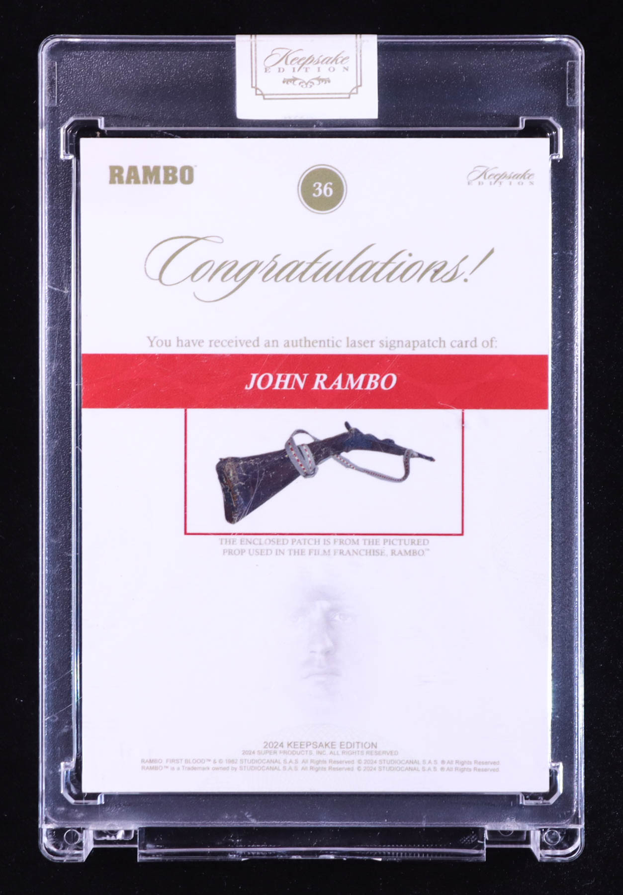 John Rambo 2024 Keepsake Edition Laser Signapatch #36 #15/99 at PristineAuction.com John Rambo 2024 Keepsake Edition Laser Signapatch #36 #15/99 at PristineAuction.com
