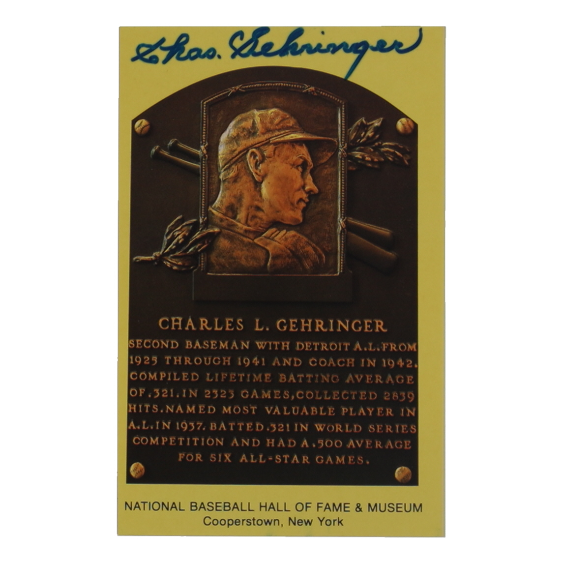 Charlie Gehringer Signed Hall of Fame Plaque Postcard (JSA) at PristineAuction.com Charlie Gehringer Signed Hall of Fame Plaque Postcard (JSA) at PristineAuction.com