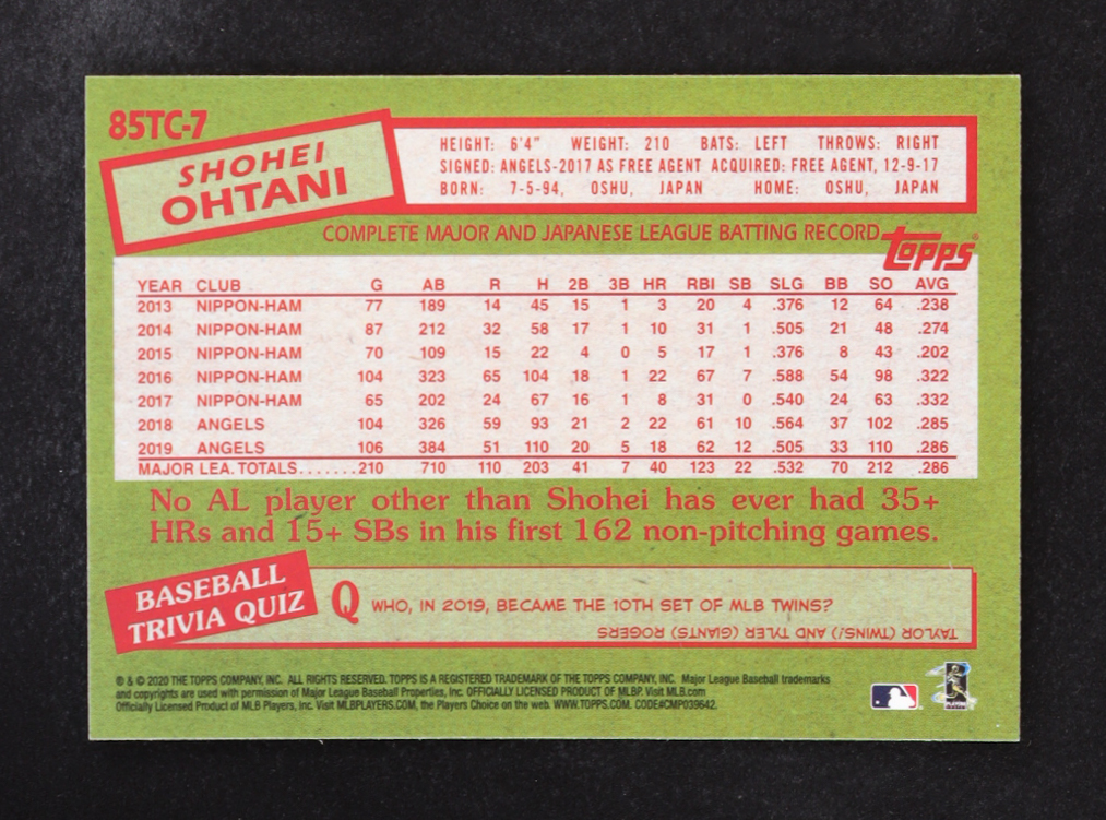Shohei Ohtani 2020 Topps Chrome '85 Topps #85TC7 at PristineAuction.com Shohei Ohtani 2020 Topps Chrome '85 Topps #85TC7 at PristineAuction.com