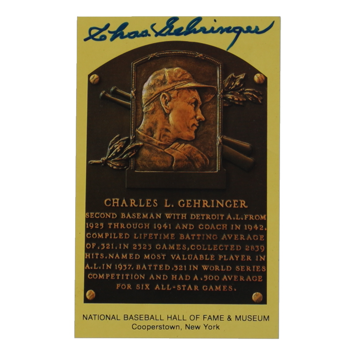 Charlie Gehringer Signed Hall of Fame Plaque Postcard (JSA) at PristineAuction.com Charlie Gehringer Signed Hall of Fame Plaque Postcard (JSA) at PristineAuction.com