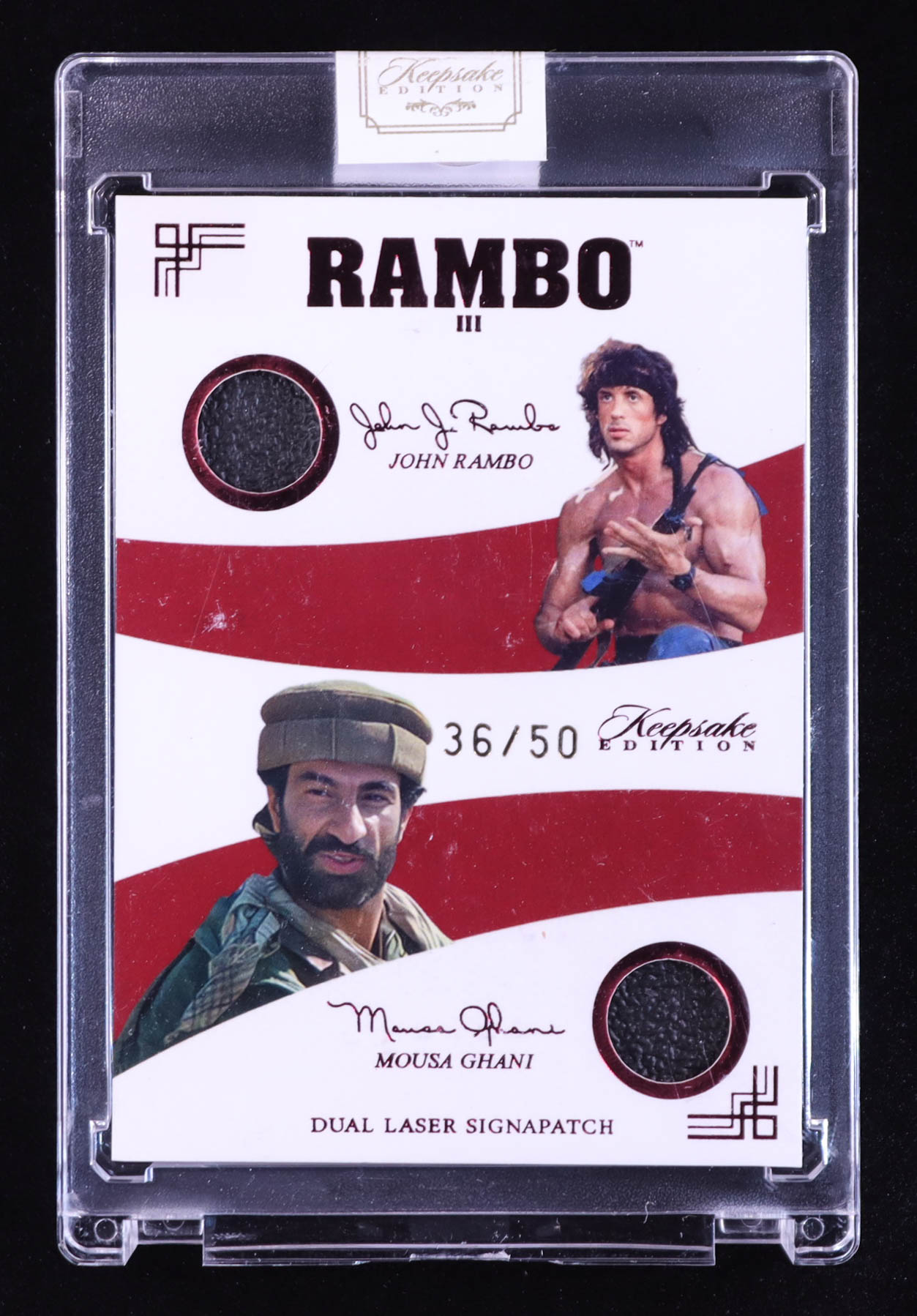 John Rambo/Mousa Ghani 2024 Keepsake Edition Dual Laser Rambo III Signapatch #160 #36/50 at PristineAuction.com John Rambo/Mousa Ghani 2024 Keepsake Edition Dual Laser Rambo III Signapatch #160 #36/50 at PristineAuction.com