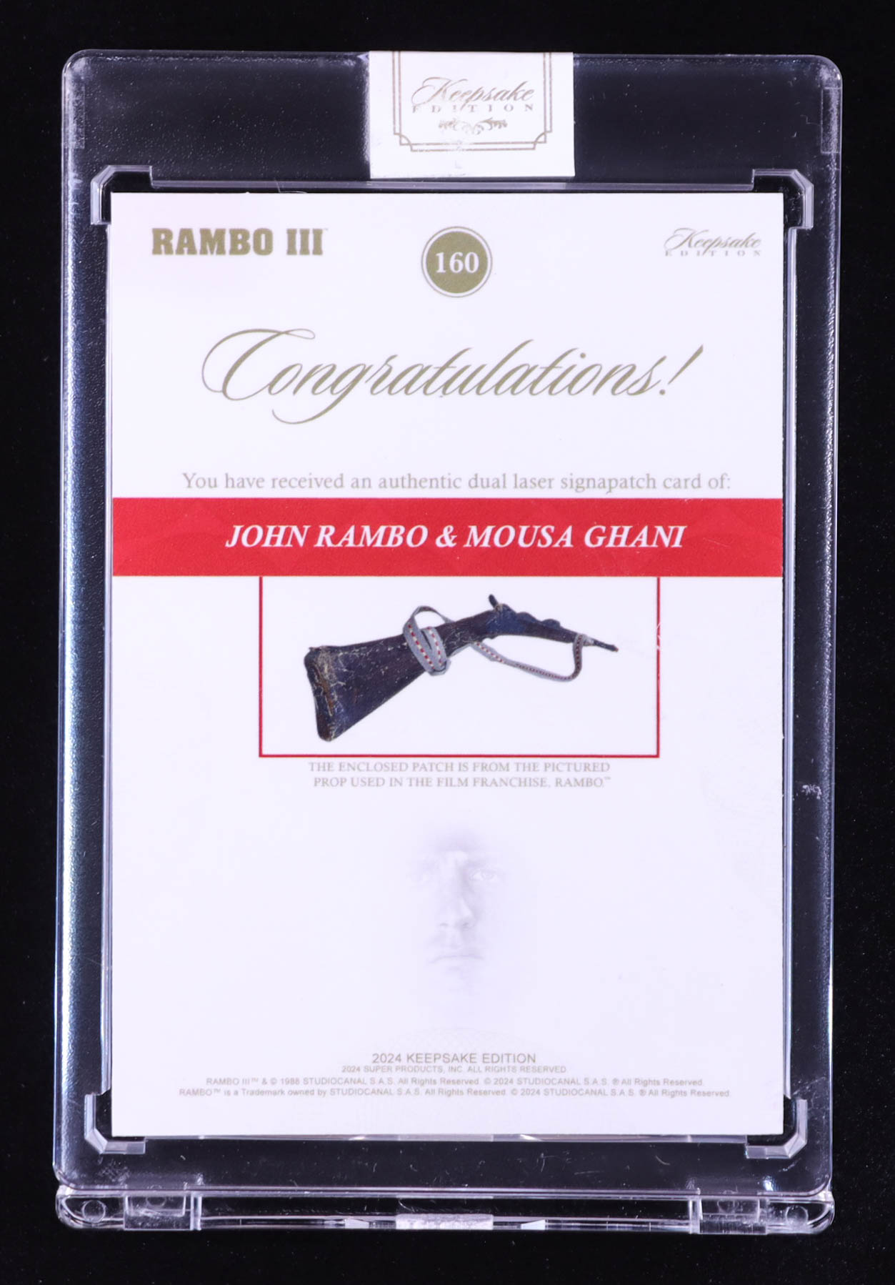 John Rambo/Mousa Ghani 2024 Keepsake Edition Dual Laser Rambo III Signapatch #160 #36/50 at PristineAuction.com John Rambo/Mousa Ghani 2024 Keepsake Edition Dual Laser Rambo III Signapatch #160 #36/50 at PristineAuction.com