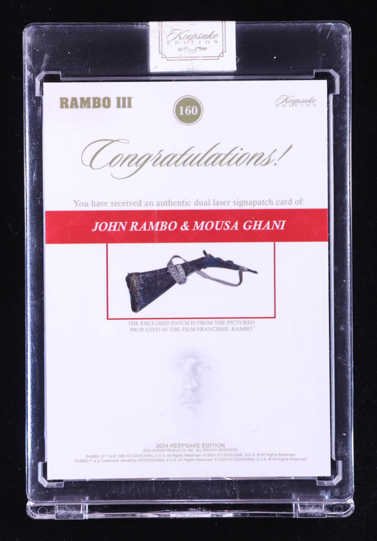 John Rambo/Mousa Ghani 2024 Keepsake Edition Dual Laser Rambo III Signapatch #160 #40/50 at PristineAuction.com John Rambo/Mousa Ghani 2024 Keepsake Edition Dual Laser Rambo III Signapatch #160 #40/50 at PristineAuction.com