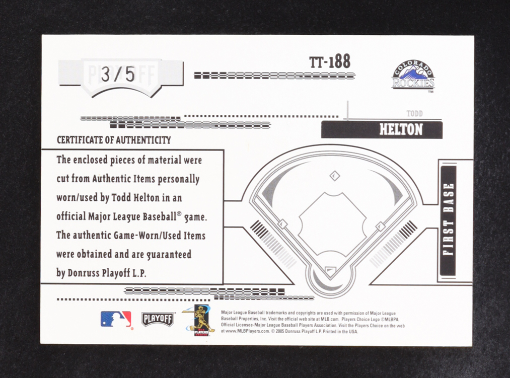 Todd Helton 2005 Absolute Memorabilia Tools of the Trade Swatch Quad Prime #TT188 #3/5 at PristineAuction.com Todd Helton 2005 Absolute Memorabilia Tools of the Trade Swatch Quad Prime #TT188 #3/5 at PristineAuction.com