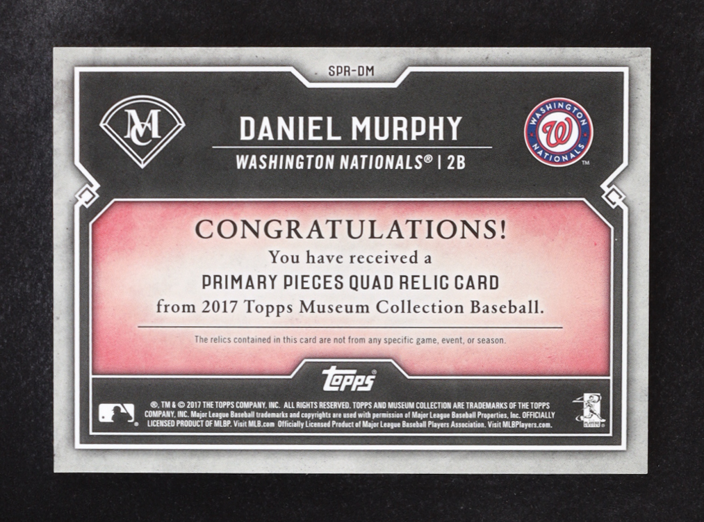 Daniel Murphy 2017 Topps Museum Collection Primary Pieces Quad Relics #SPRDM #83/99 at PristineAuction.com Daniel Murphy 2017 Topps Museum Collection Primary Pieces Quad Relics #SPRDM #83/99 at PristineAuction.com