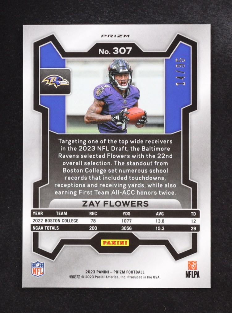 Zay Flowers 2023 Panini Prizm Prizms No Huddle Blue #307 #14/95 RC at PristineAuction.com Zay Flowers 2023 Panini Prizm Prizms No Huddle Blue #307 #14/95 RC at PristineAuction.com