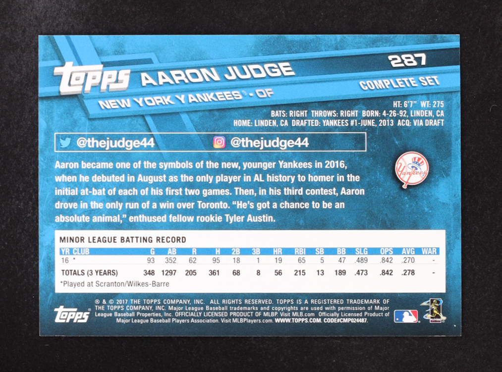 Aaron Judge 2017 Topps #287A RC at PristineAuction.com Aaron Judge 2017 Topps #287A RC at PristineAuction.com