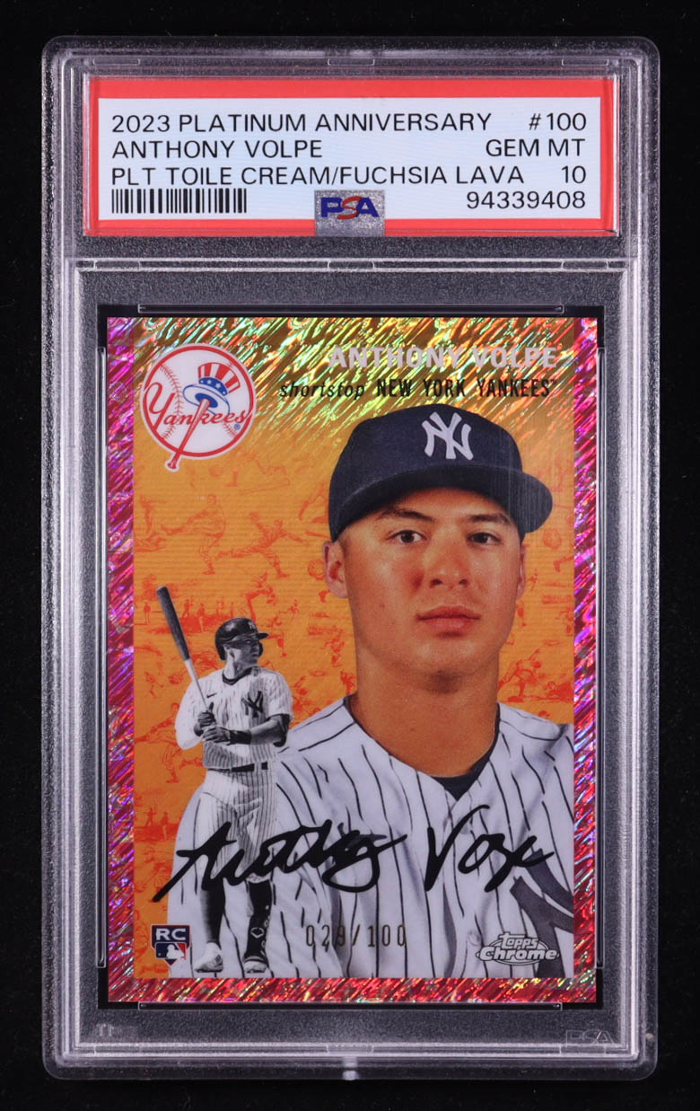 Anthony Volpe 2023 Topps Chrome Platinum Anniversary Platinum Toile Cream Fuchsia Lava Refractors #100 RC #029/100 (PSA 10) at PristineAuction.com Anthony Volpe 2023 Topps Chrome Platinum Anniversary Platinum Toile Cream Fuchsia Lava Refractors #100 RC #029/100 (PSA 10) at PristineAuction.com
