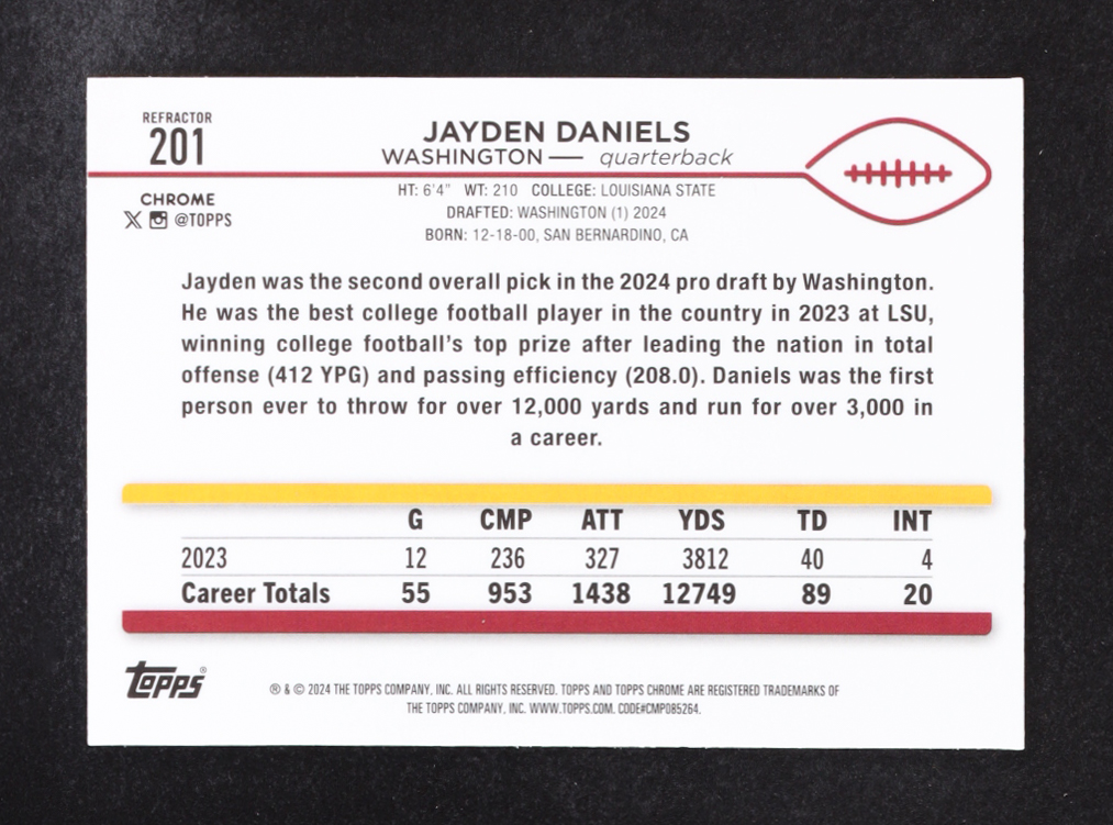 Jayden Daniels 2024 Topps Chrome Refractors #201 RC at PristineAuction.com Jayden Daniels 2024 Topps Chrome Refractors #201 RC at PristineAuction.com