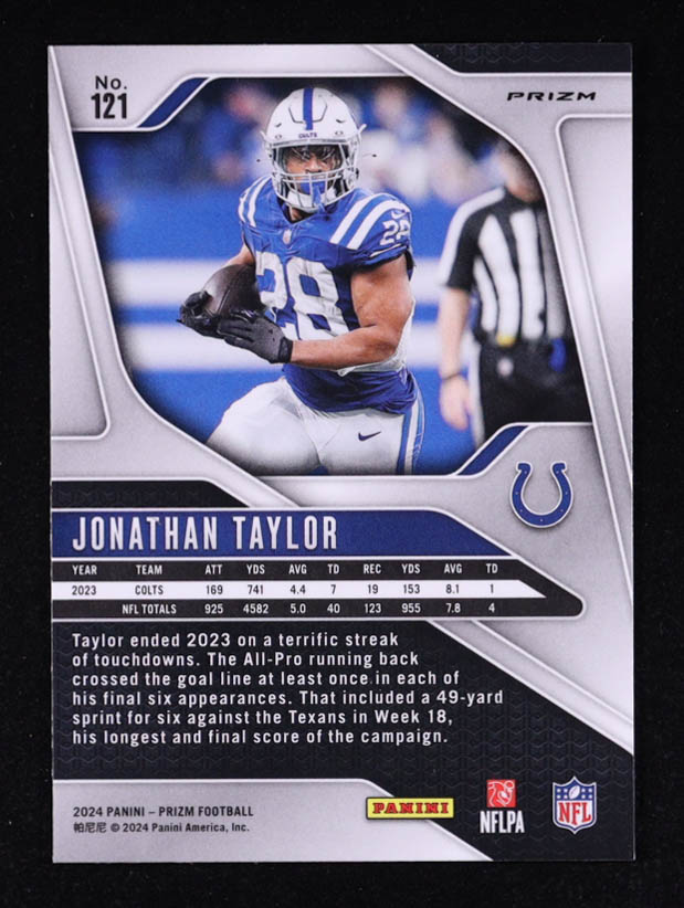 Jonathan Taylor 2024 Panini Prizm Prizms Black and Red Checker #121 at PristineAuction.com Jonathan Taylor 2024 Panini Prizm Prizms Black and Red Checker #121 at PristineAuction.com