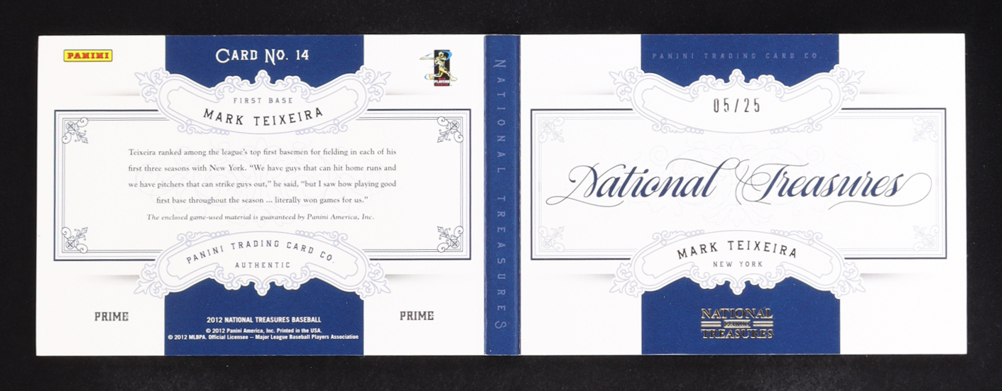 Mark Teixeira 2012 Panini National Treasures Jumbo Materials Prime #14 #05/25 at PristineAuction.com Mark Teixeira 2012 Panini National Treasures Jumbo Materials Prime #14 #05/25 at PristineAuction.com