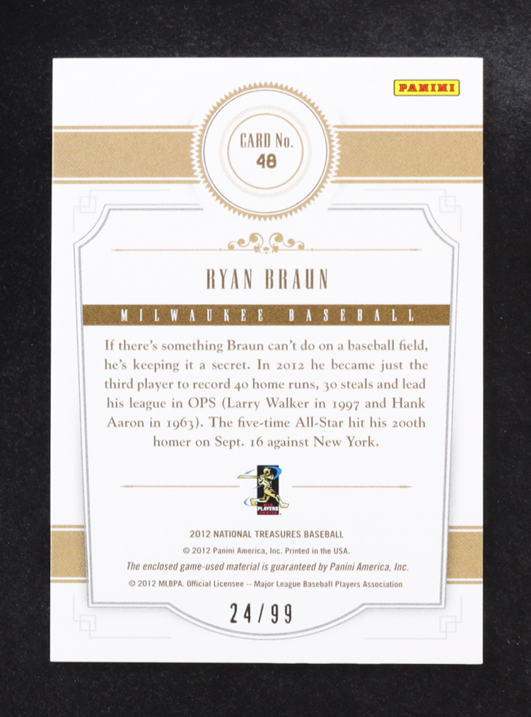 Ryan Braun 2012 Panini National Treasures Treasure Materials #48 #24/99 at PristineAuction.com Ryan Braun 2012 Panini National Treasures Treasure Materials #48 #24/99 at PristineAuction.com