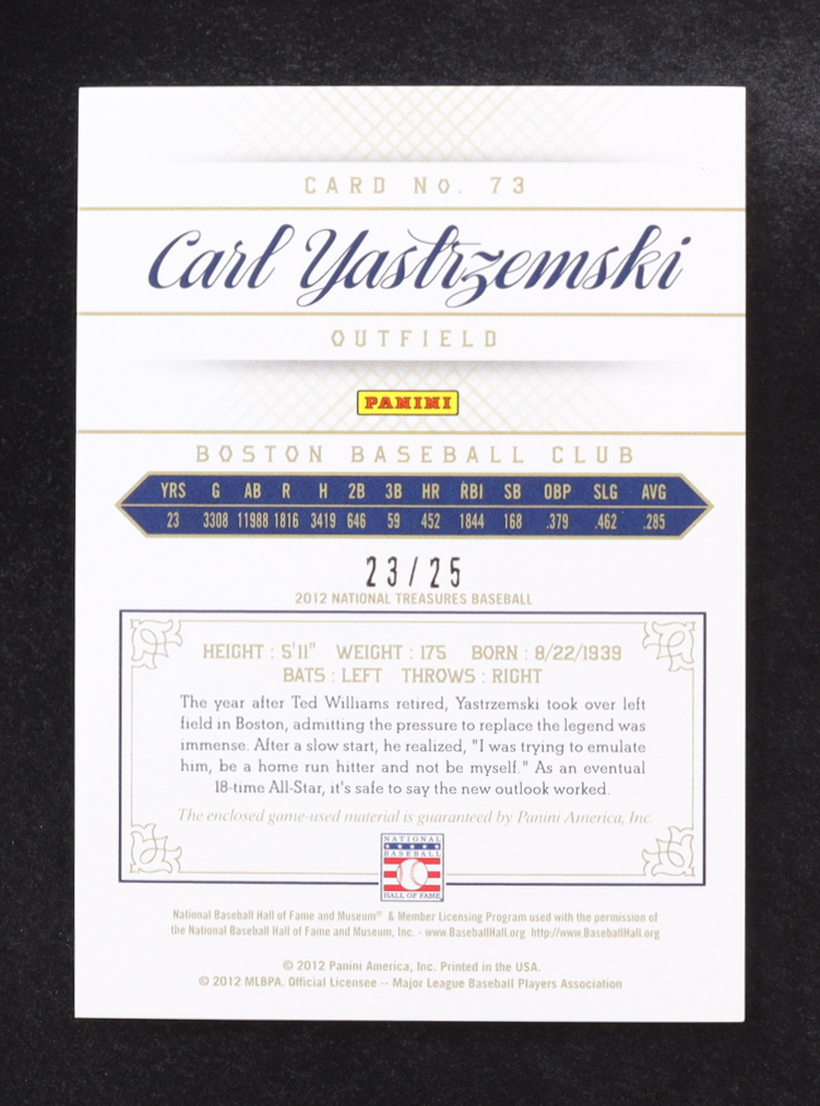 Carl Yastrzemski 2012 Panini National Treasures #73 #23/25 at PristineAuction.com Carl Yastrzemski 2012 Panini National Treasures #73 #23/25 at PristineAuction.com
