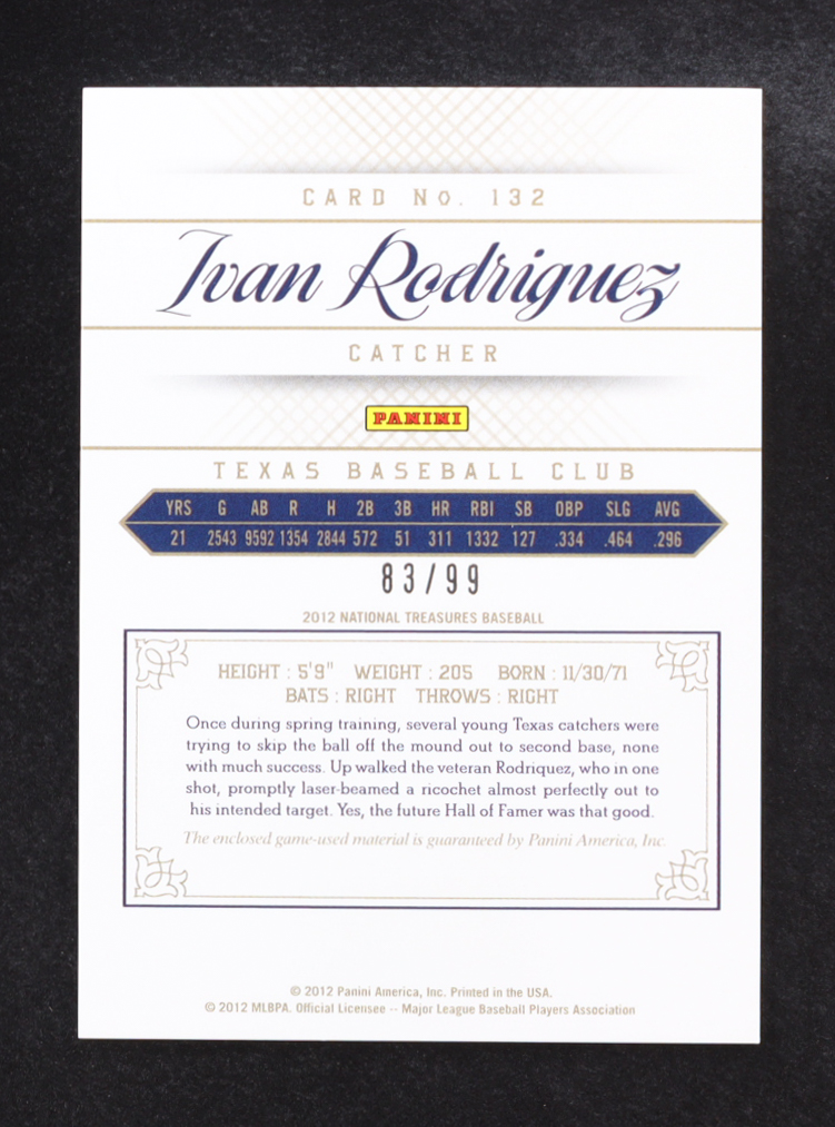 Ivan Rodriguez 2012 Panini National Treasures #132 #83/99 at PristineAuction.com Ivan Rodriguez 2012 Panini National Treasures #132 #83/99 at PristineAuction.com