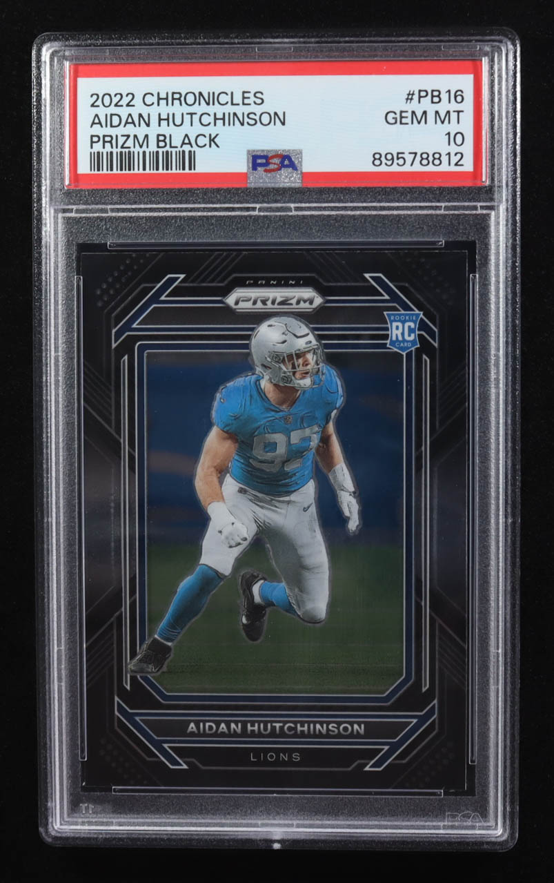 Aidan Hutchinson 2022 Panini Chronicles Prizm Black #PB16 RC (PSA 10) at PristineAuction.com Aidan Hutchinson 2022 Panini Chronicles Prizm Black #PB16 RC (PSA 10) at PristineAuction.com