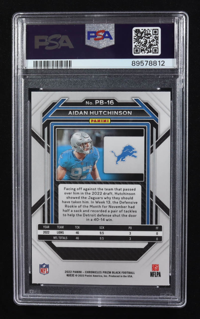 Aidan Hutchinson 2022 Panini Chronicles Prizm Black #PB16 RC (PSA 10) at PristineAuction.com Aidan Hutchinson 2022 Panini Chronicles Prizm Black #PB16 RC (PSA 10) at PristineAuction.com