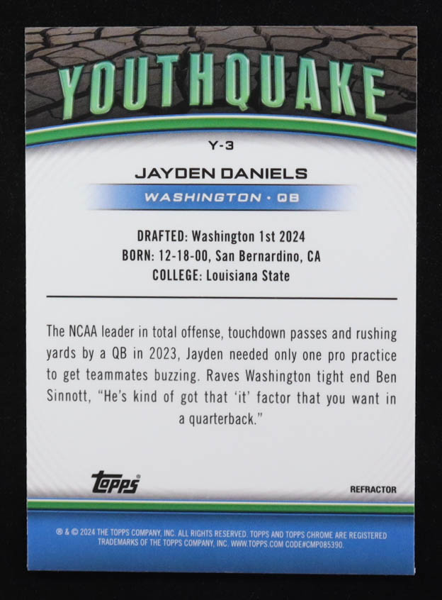 Jayden Daniels 2024 Topps Chrome Youthquake Refractor #Y-3 RC at PristineAuction.com Jayden Daniels 2024 Topps Chrome Youthquake Refractor #Y-3 RC at PristineAuction.com