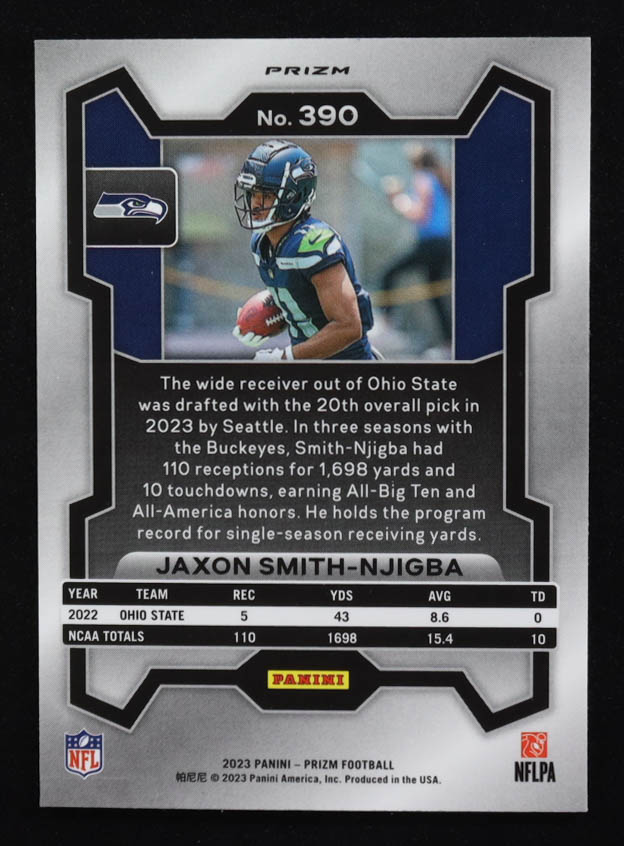 Jaxon Smith-Njigba 2023 Panini Prizm Red White Blue #390 RC at PristineAuction.com Jaxon Smith-Njigba 2023 Panini Prizm Red White Blue #390 RC at PristineAuction.com