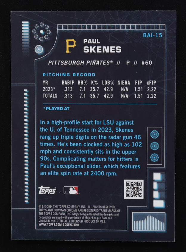 Paul Skenes 2024 Bowman Chrome Bowman Al #BA115 RC at PristineAuction.com Paul Skenes 2024 Bowman Chrome Bowman Al #BA115 RC at PristineAuction.com