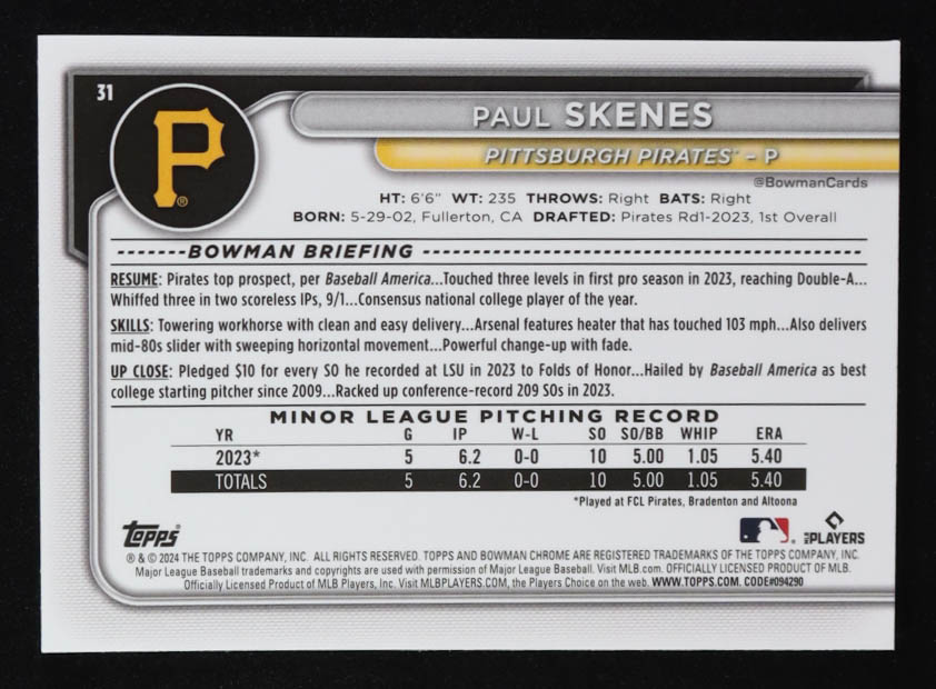 Paul Skenes 2024 Bowman Chrome Mega Box Mojo #31 RC at PristineAuction.com Paul Skenes 2024 Bowman Chrome Mega Box Mojo #31 RC at PristineAuction.com