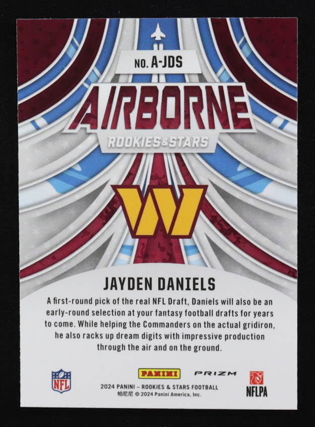 Jayden Daniels 2024 Panini Rookies and Stars Airborne Prizms Silver #A-JDS RC at PristineAuction.com Jayden Daniels 2024 Panini Rookies and Stars Airborne Prizms Silver #A-JDS RC at PristineAuction.com