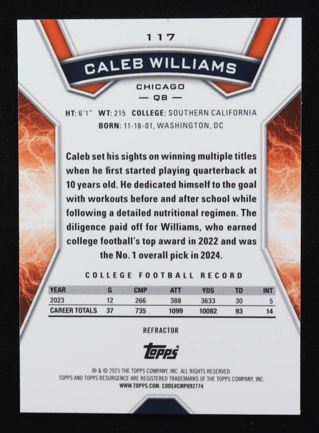 Caleb Williams 2024 Topps Resurgence Refractor #117 RC at PristineAuction.com Caleb Williams 2024 Topps Resurgence Refractor #117 RC at PristineAuction.com