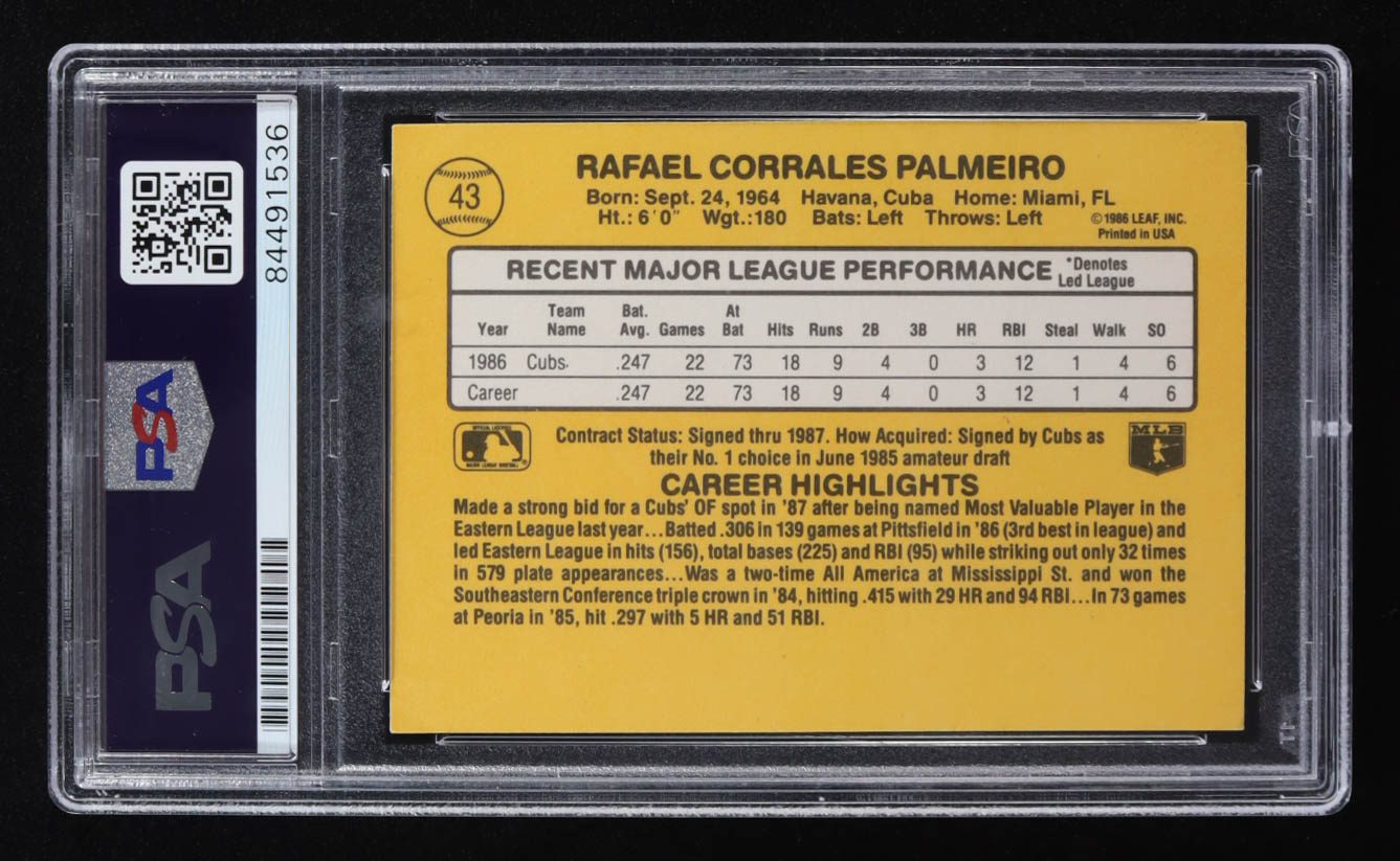 Rafael Palmeiro Signed 1987 Donruss #43 RC (PSA Authentic) at PristineAuction.com Rafael Palmeiro Signed 1987 Donruss #43 RC (PSA Authentic) at PristineAuction.com