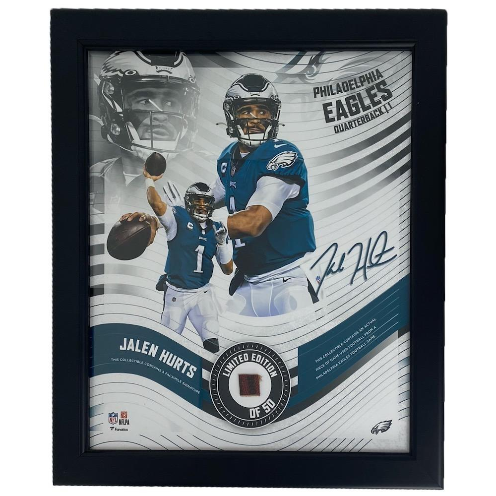 Jalen Hurts Eagles LE Custom Framed Game-Used Football Display (Fanatics) at PristineAuction.com