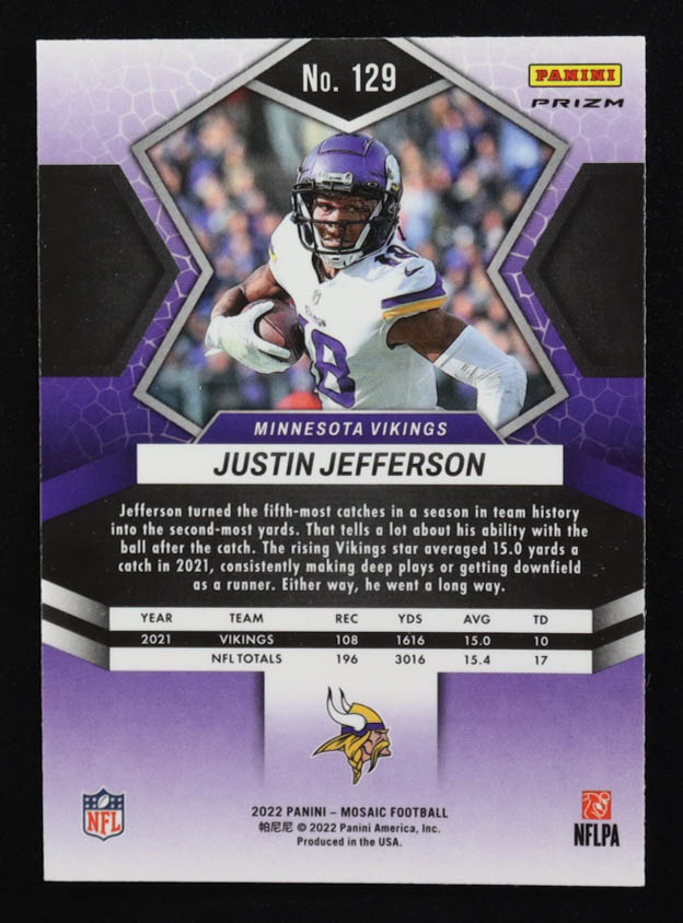 Justin Jefferson 2022 Panini Mosaic Prizms Blue Sparkle #129 at PristineAuction.com Justin Jefferson 2022 Panini Mosaic Prizms Blue Sparkle #129 at PristineAuction.com