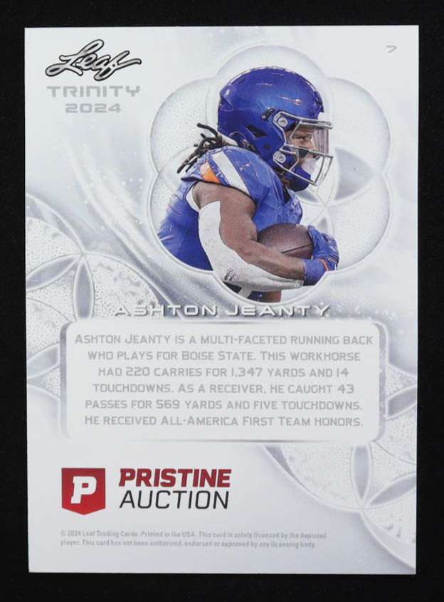 Ashton Jeanty 2024 Leaf Trinity Blue Foil Refractor #7 RC (73/99) at PristineAuction.com Ashton Jeanty 2024 Leaf Trinity Blue Foil Refractor #7 RC (73/99) at PristineAuction.com