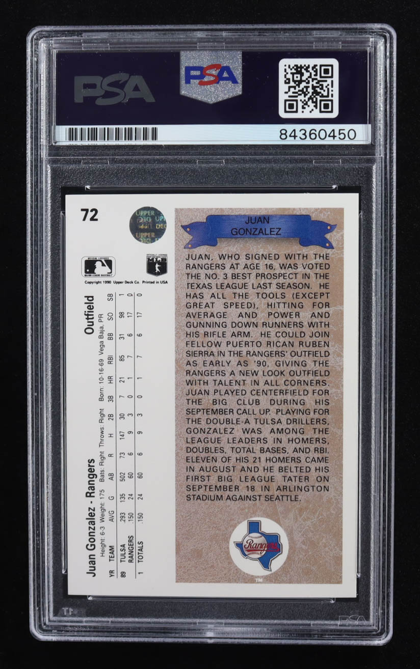 Juan Gonzalez Signed 1990 Upper Deck #72 RC (PSA Authentic) (UER) at PristineAuction.com Juan Gonzalez Signed 1990 Upper Deck #72 RC (PSA Authentic) (UER) at PristineAuction.com