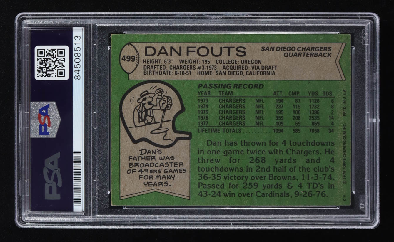 Dan Fouts Signed 1978 Topps #499 (PSA Authentic) at PristineAuction.com Dan Fouts Signed 1978 Topps #499 (PSA Authentic) at PristineAuction.com