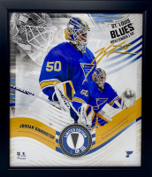 Jordan Binnington LE Blues Custom Framed Game-Used Puck Piece Display at PristineAuction.com