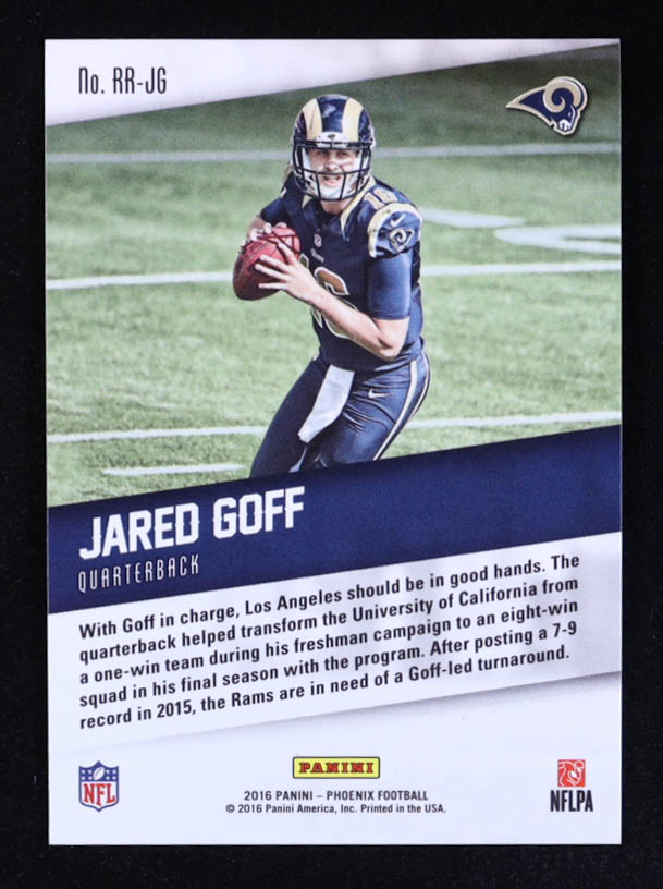 Jared Goff 2016 Panini Phoenix Rookie Rising #RR-JG RC #260/349 at PristineAuction.com Jared Goff 2016 Panini Phoenix Rookie Rising #RR-JG RC #260/349 at PristineAuction.com