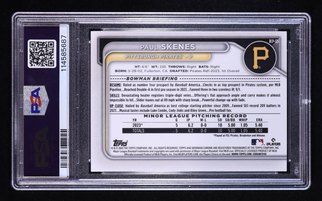 Paul Skenes 2024 Bowman Chrome Prospects Lunar Glow Refractors #BCP125 RC (PSA 10) at PristineAuction.com Paul Skenes 2024 Bowman Chrome Prospects Lunar Glow Refractors #BCP125 RC (PSA 10) at PristineAuction.com