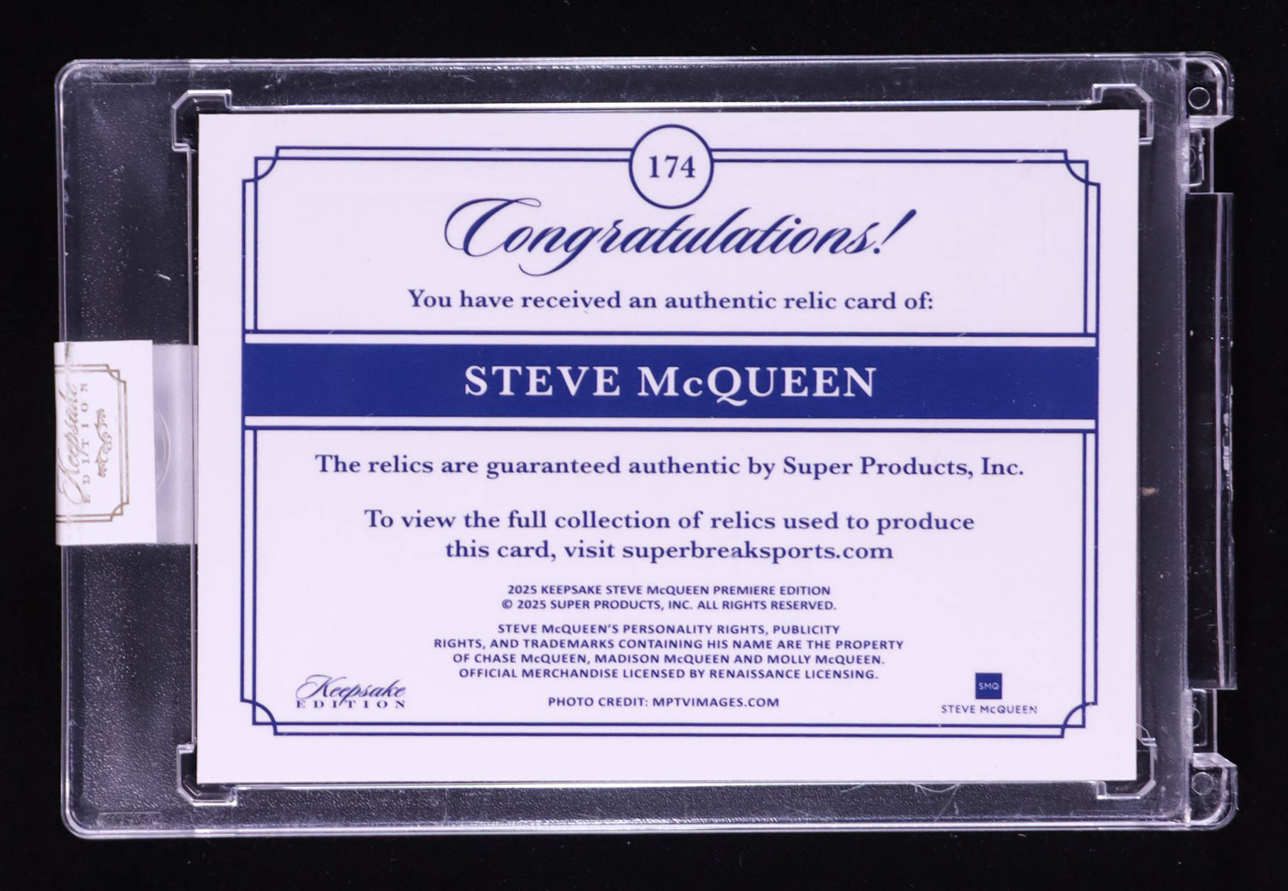 Steve McQueen 2025 Keepsake Edition Quadruple Relic #174 #12/50 at PristineAuction.com Steve McQueen 2025 Keepsake Edition Quadruple Relic #174 #12/50 at PristineAuction.com