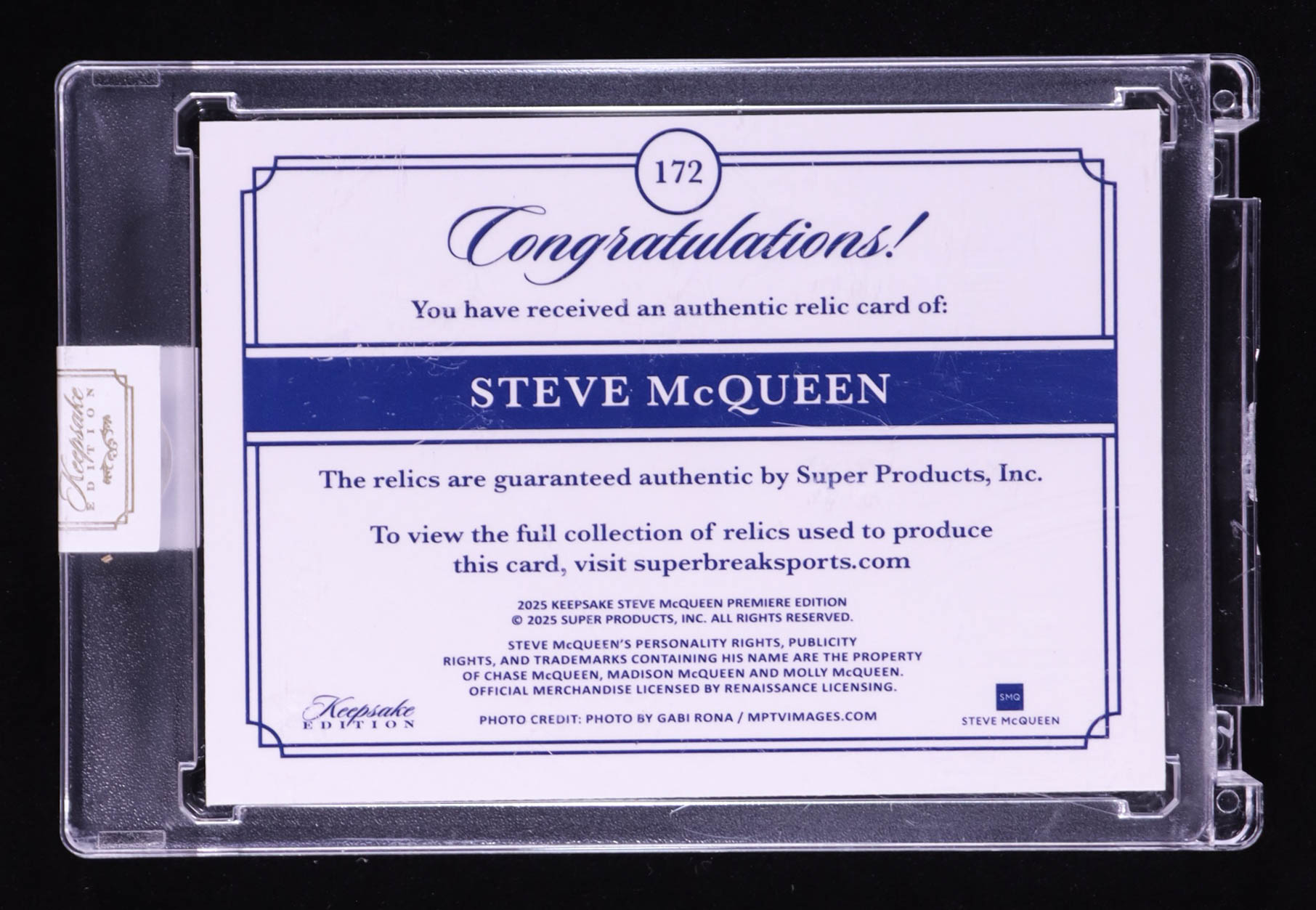 Steve McQueen 2025 Keepsake Edition Quadruple Relic #172 #13/50 at PristineAuction.com Steve McQueen 2025 Keepsake Edition Quadruple Relic #172 #13/50 at PristineAuction.com