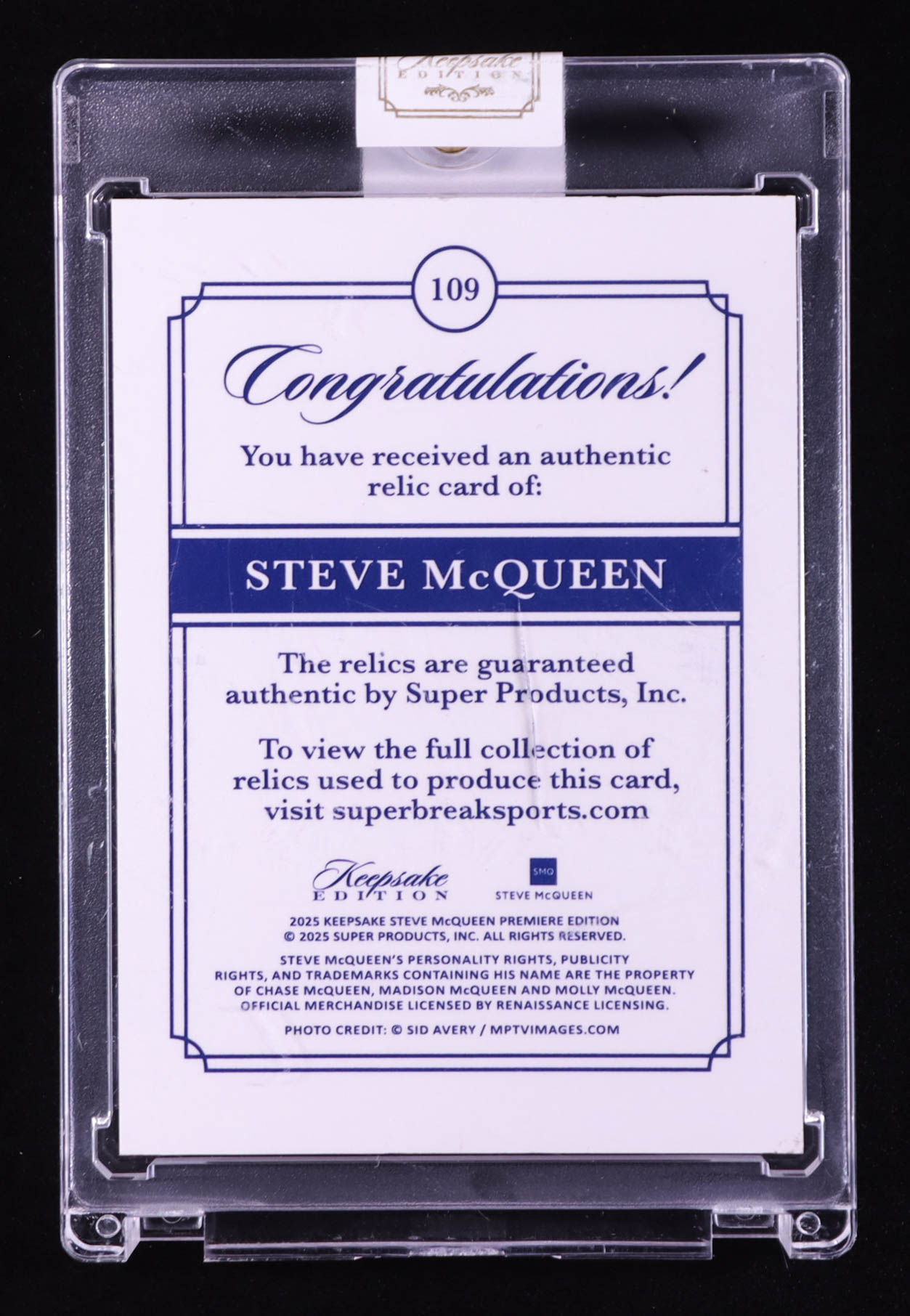 Steve McQueen 2025 Keepsake Edition Jumbo Gem Relic #109 #10/50 at PristineAuction.com Steve McQueen 2025 Keepsake Edition Jumbo Gem Relic #109 #10/50 at PristineAuction.com