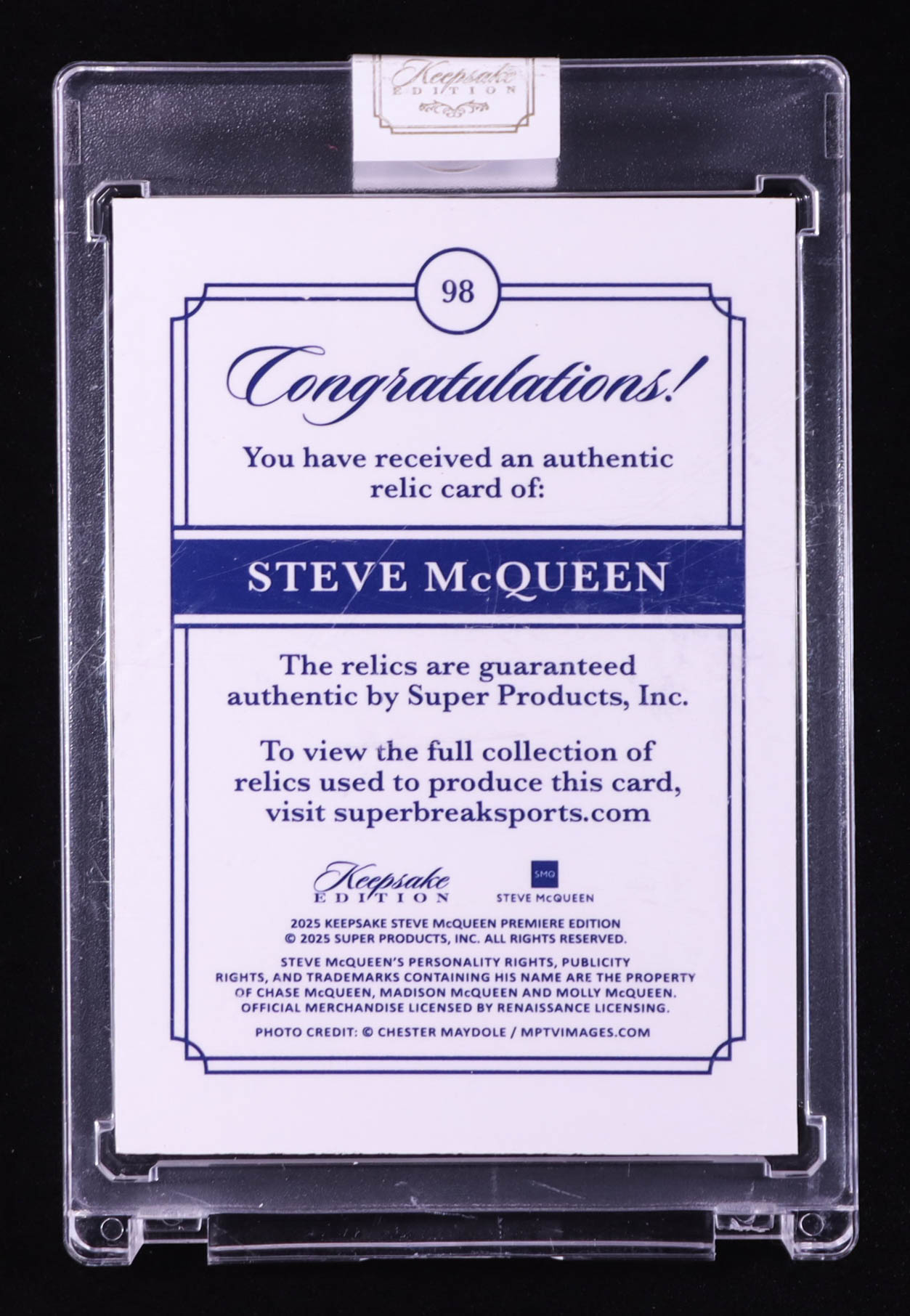 Steve McQueen 2025 Keepsake Edition Jumbo Gem Relic #98 #15/50 at PristineAuction.com Steve McQueen 2025 Keepsake Edition Jumbo Gem Relic #98 #15/50 at PristineAuction.com