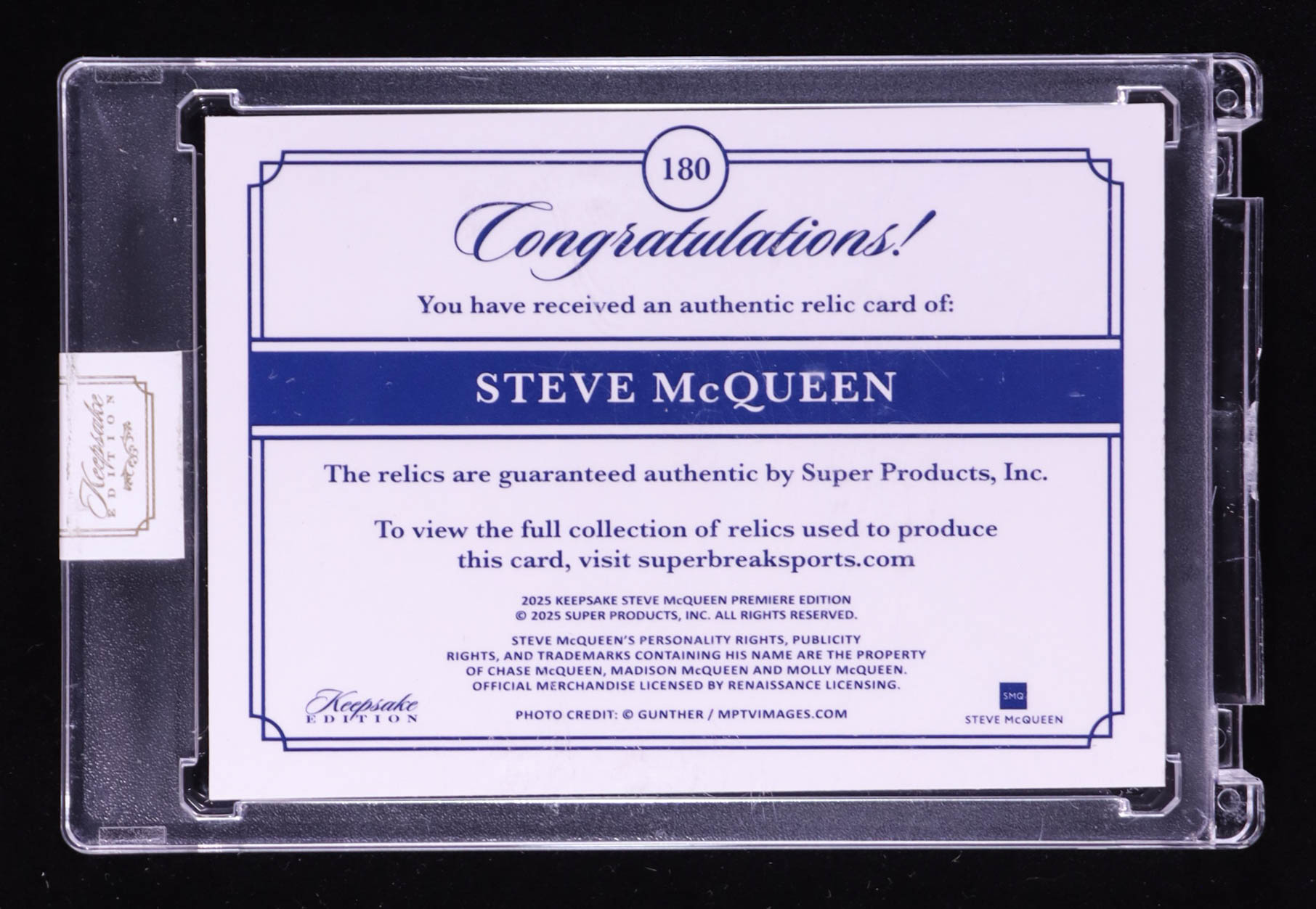 Steve McQueen 2025 Keepsake Edition Quadruple Relic #180 #38/50 at PristineAuction.com Steve McQueen 2025 Keepsake Edition Quadruple Relic #180 #38/50 at PristineAuction.com