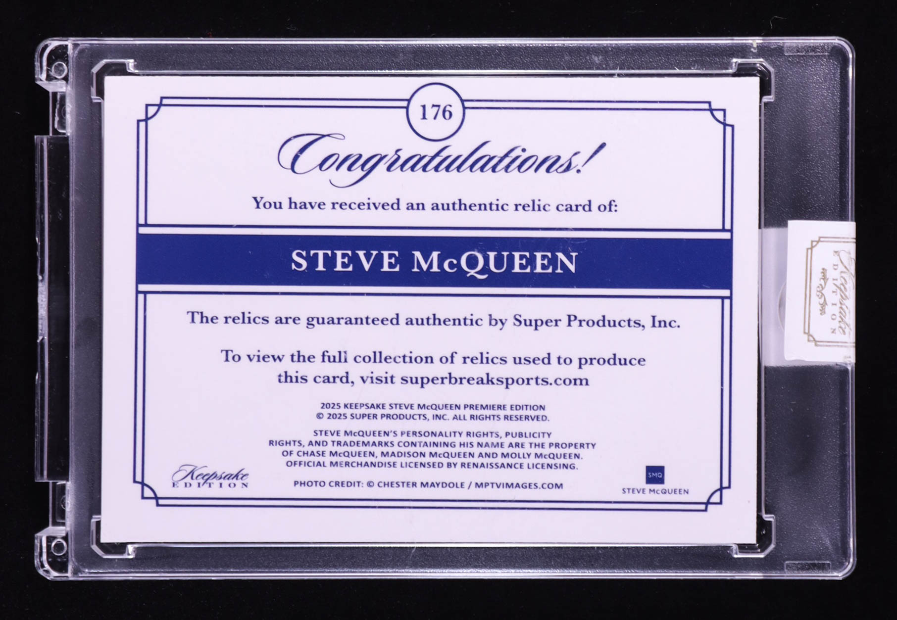 Steve McQueen 2025 Keepsake Edition Quadruple Relic #176 #22/50 at PristineAuction.com Steve McQueen 2025 Keepsake Edition Quadruple Relic #176 #22/50 at PristineAuction.com