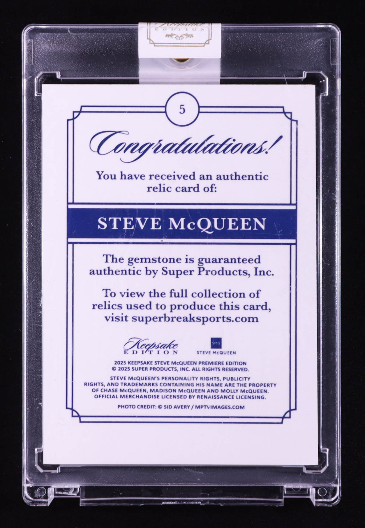 Steve McQueen 2025 Keepsake Edition Authentic Gemstone #5 #30/50 at PristineAuction.com Steve McQueen 2025 Keepsake Edition Authentic Gemstone #5 #30/50 at PristineAuction.com