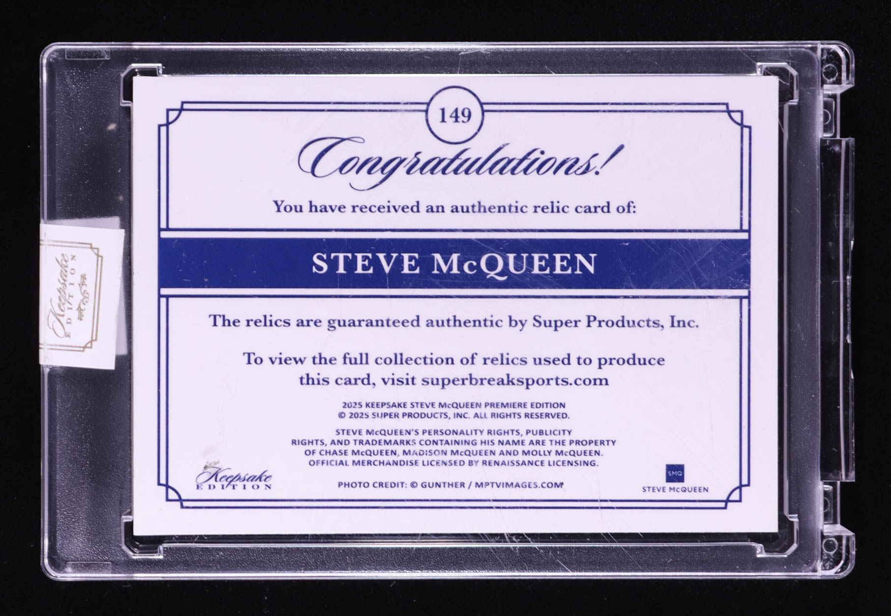 Steve McQueen 2025 Keepsake Edition Authentic Relic #149 #16/50 at PristineAuction.com Steve McQueen 2025 Keepsake Edition Authentic Relic #149 #16/50 at PristineAuction.com