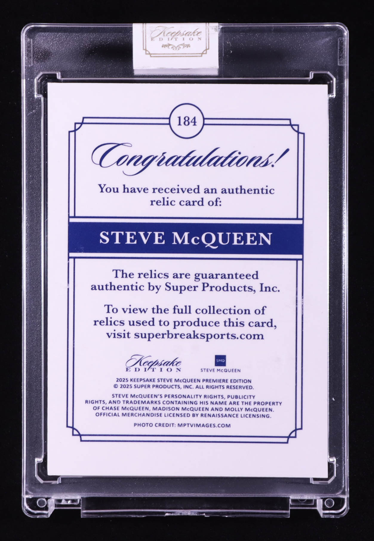 Steve McQueen 2025 Keepsake Edition Artistic Relic #184 #20/50 at PristineAuction.com Steve McQueen 2025 Keepsake Edition Artistic Relic #184 #20/50 at PristineAuction.com